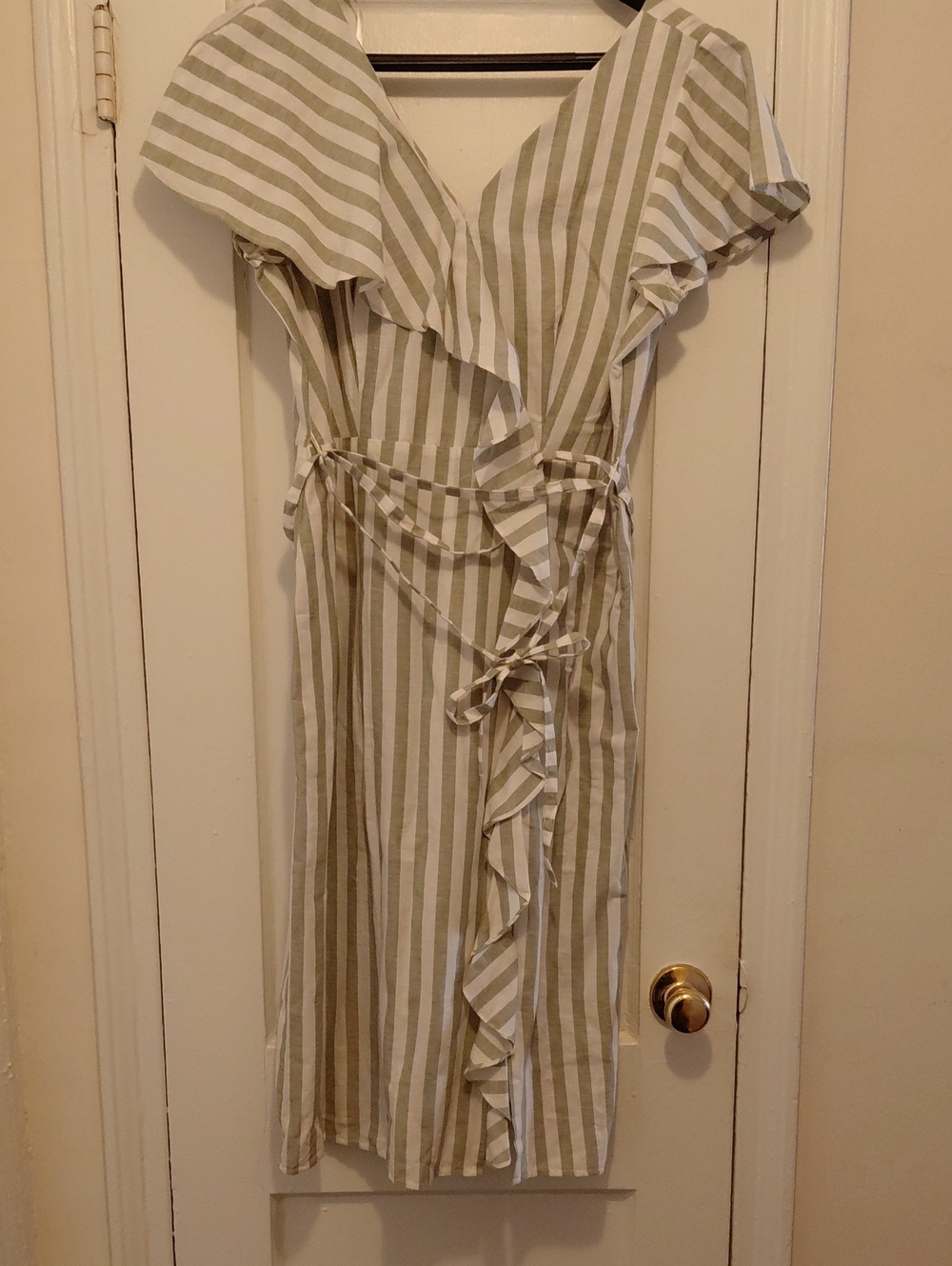 Striped Ruffle Wrap Midi Dress in Olive & White